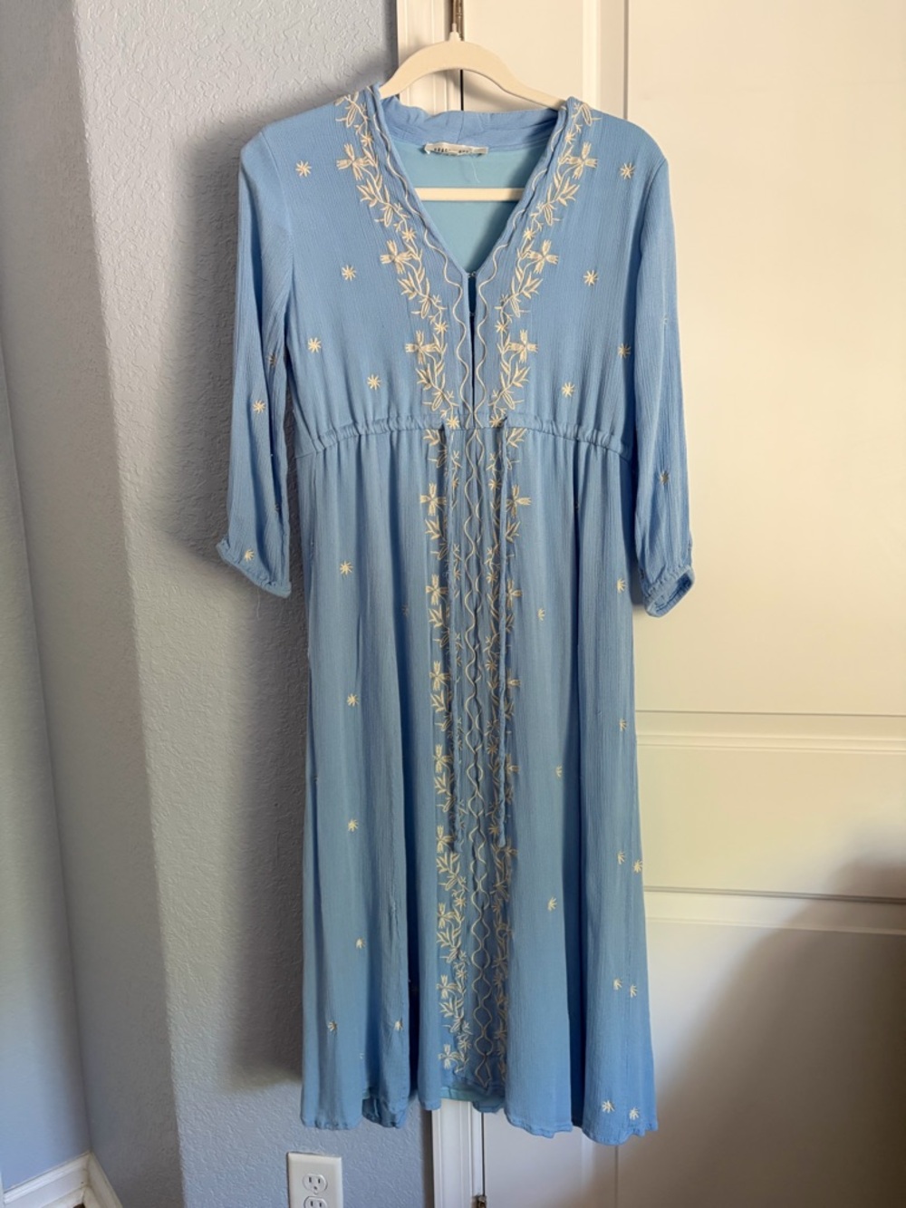 Light Blue Embroidered Maxi Dress with V-Neck